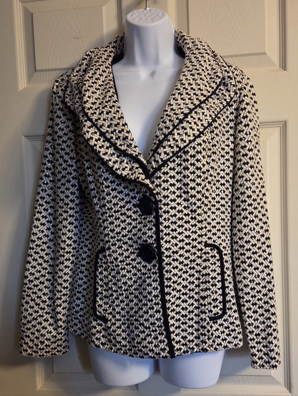 Joseph Ribkoff White and Gold Studs Geo Double Collar Blazer Jacket Size 14